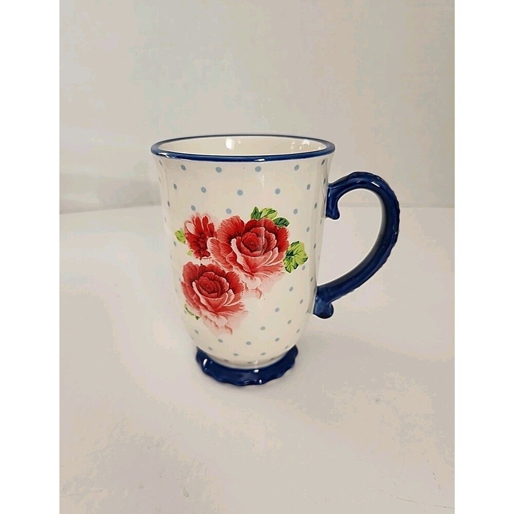 The Pioneer Woman 18 Oz  Heritage Floral  Coffee Cup Mug Roses Polka Dots Blue